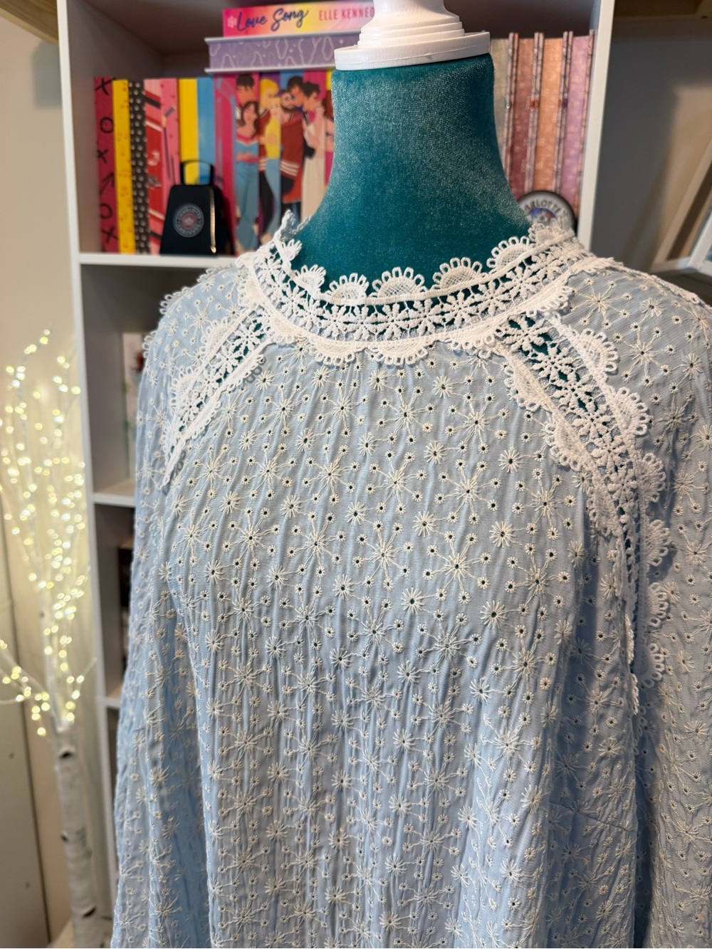SHEIN Light Blue Eyelet Lace Long Sleeve Blouse - Picture 12 of 15